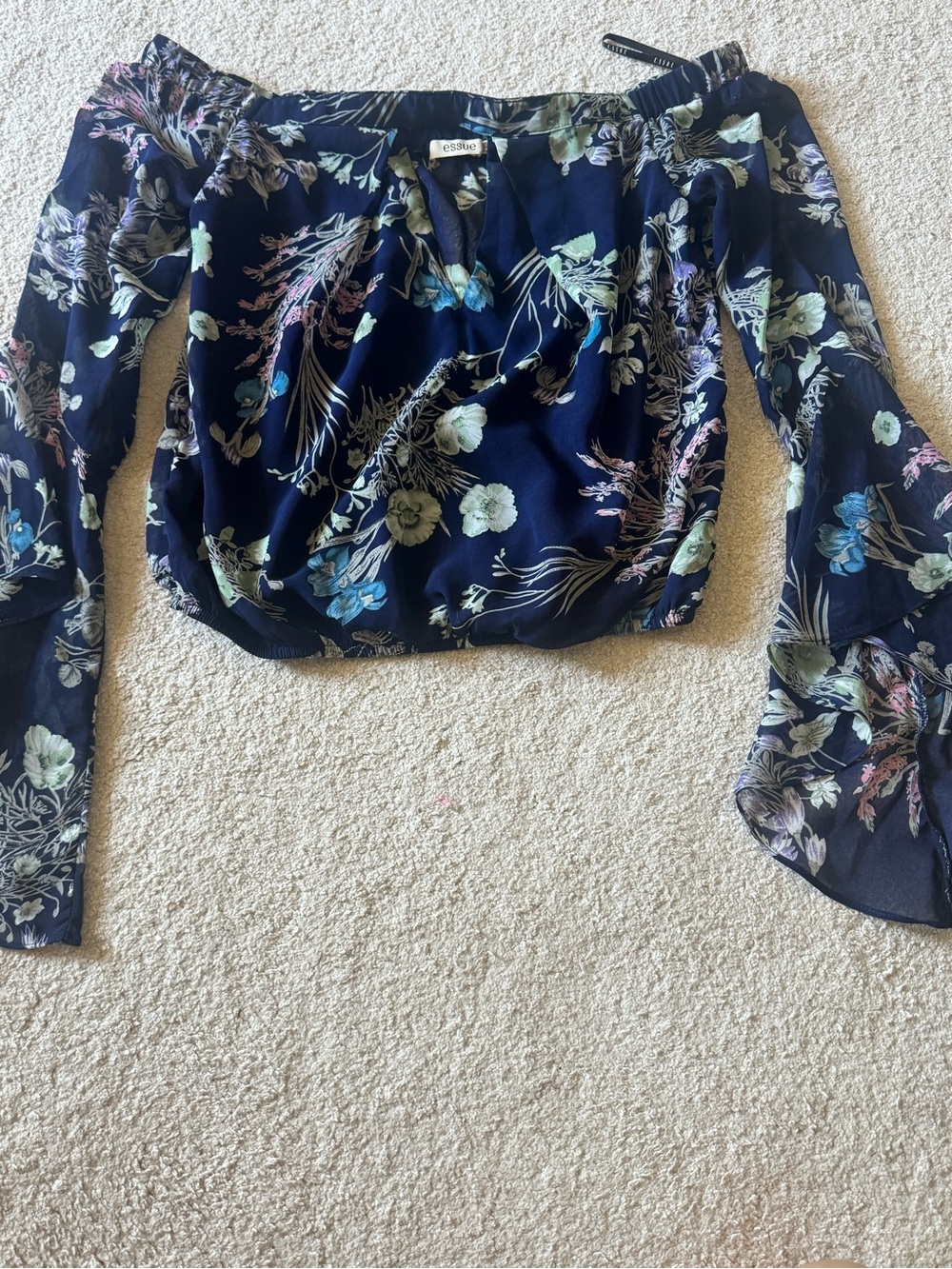 essue Navy Floral Off-Shoulder Peasant Blouse